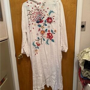 Johnny Was White Long Sleeve Dress with Colorful Embroidery